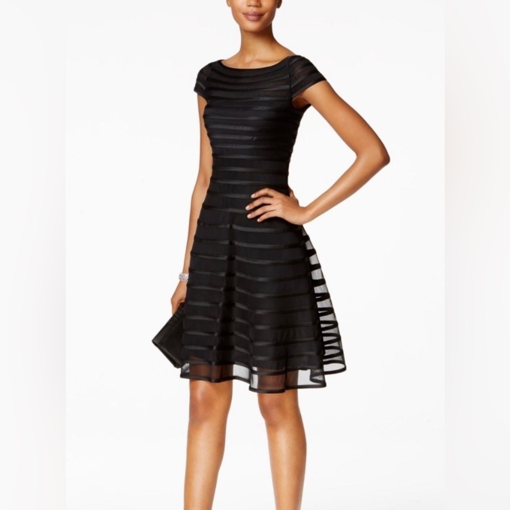 Betsy & Adam Cap Sleeve Fit and Flare Mesh Overlay Dress
